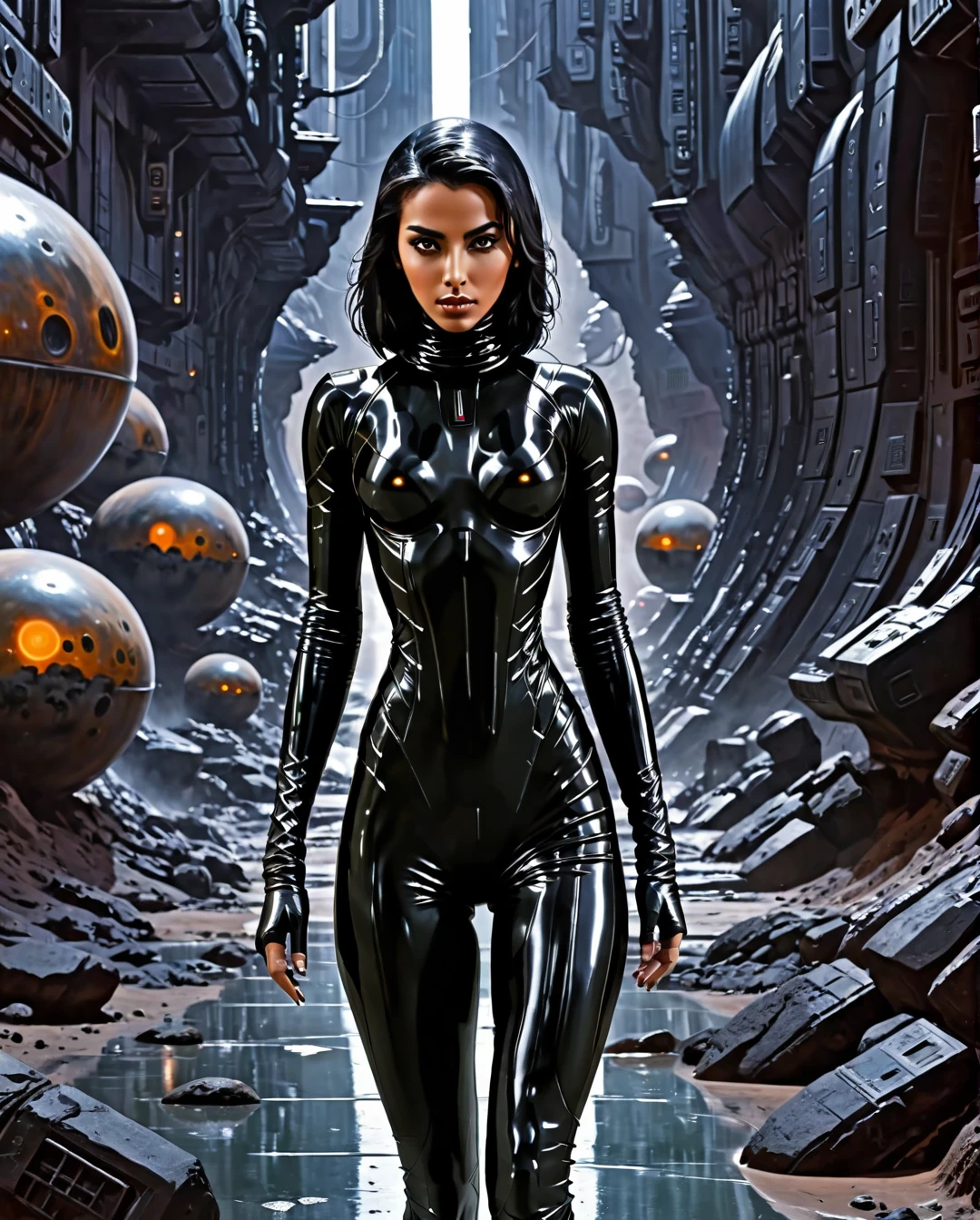 A gracefully dangerous Saudi Arabian woman, with light brown tan skin, brown eyes, and black hair, appears as an assassin and spy in a futuristic Alien planet city and landscape. The image depicts her in sleek, advanced attire that blends seamlessly with the alien surroundings. Every detail bursts with life amid the futuristic decay: her attire is a mix of high-tech and cultural elements, her eyes shine with cunning determination, and her movements exude deadly grace. The scene captures a perfect balance of elegance and danger, drawing viewers into a thrilling tale of intergalactic espionage.