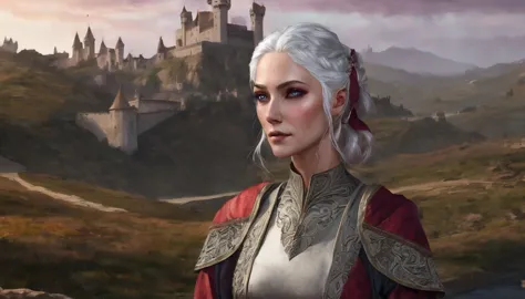 make me an image in the game of thrones universe: targaryen woman, with platinum hair and violet eyes, fair skin, an oval and de...