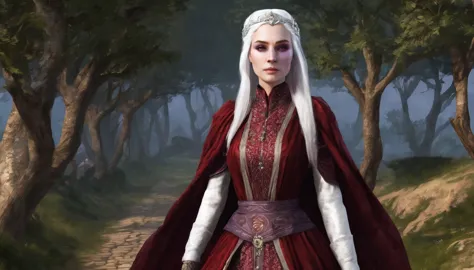 make me an image in the game of thrones universe: targaryen woman, with platinum hair and violet eyes, fair skin, an oval and de...