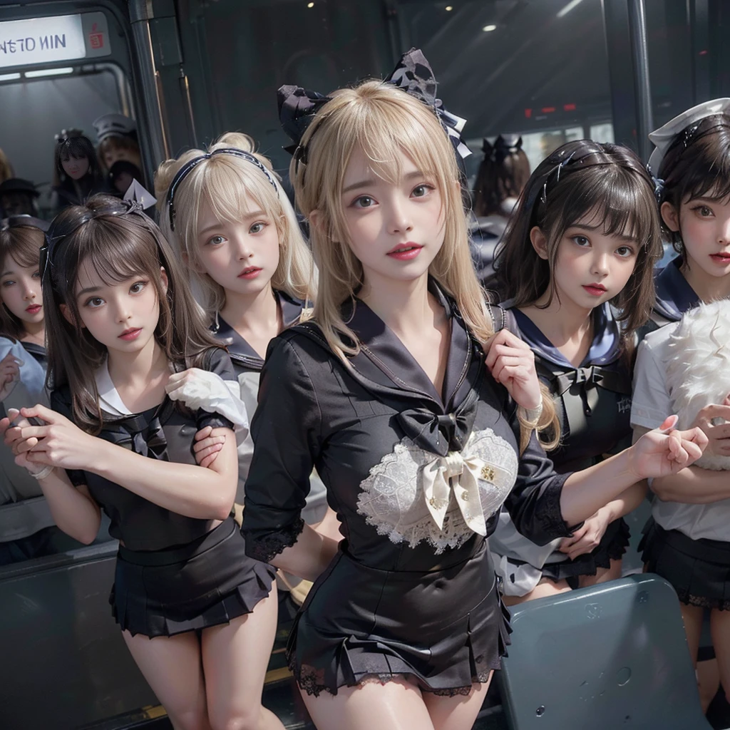8K resolution, surreal, Super detailed, high quality, perfect anatomy, perfect proportion, masterpiece, nsfw++, 
((((((A group photo in crowded train at night, 6 girls, group photo)))))), 
(((((black face mask, sailor collar, sailor uniform, Lace, micro mini skirt, bow ribbon))))), 
((((happy, grin, detailed face)))), 
((((blond hair, bleached hair)))), (((impossible breasts))),  
(((shiny oiled skin, detailed skin))), 
(((tight clothes, thigh, bare legs))), looking at viewer