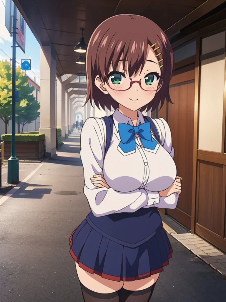 score_9, score_8_up, score_7_up, source_anime,
pinup of 1girl solo, dating, smile, blush, fov, looking up, looking at viewer, 
outdoors, street, lamppost, day, sunbeam, 
 mekwmk, short hair, brown hair, bangs, green eyes, large breasts, medium breasts, 
red eyewear, semi-rimless eyewear, , blazer jacket, bowtie, grey skirt, black thighhighs, zettai ryouiki, 
detailed eyes,