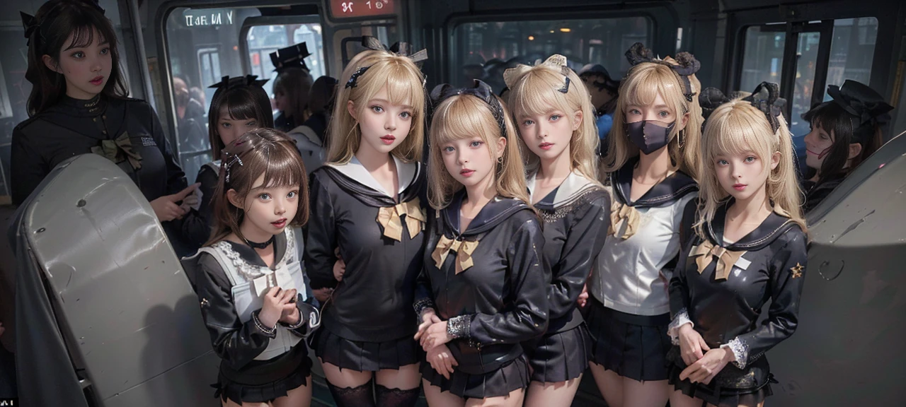 8K resolution, surreal, Super detailed, high quality, perfect anatomy, perfect proportion, masterpiece, nsfw++, 
((((((A group photo in crowded train at night, 6 girls, group photo)))))), 
(((((black face mask, sailor collar, sailor uniform, Lace, micro mini skirt, bow ribbon))))), 
((((happy, grin, detailed face)))), 
((((blond hair, bleached hair)))), (((impossible breasts))),  
(((shiny oiled skin, detailed skin))), 
(((tight clothes, thigh, bare legs))), looking at viewer