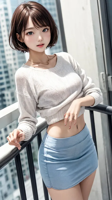 young wife hanging out laundry on the balcony、super detailed、particles of light:0.5、shiny and smooth skin texture、put your hands...