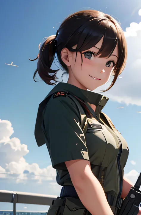 girl in combat uniform,summer,short sleeve,smile,on the aircraft carrier,ready your gun?,8k, highest quality, masterpiece