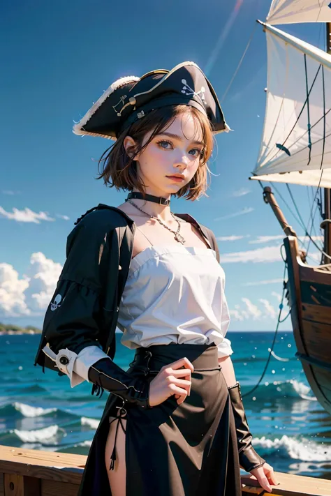 female cat furry, fantasy medieval pirate, saber in a hand, bandana, pirate hat, cocked hat, on a ship, sails, ocean and sky on ...