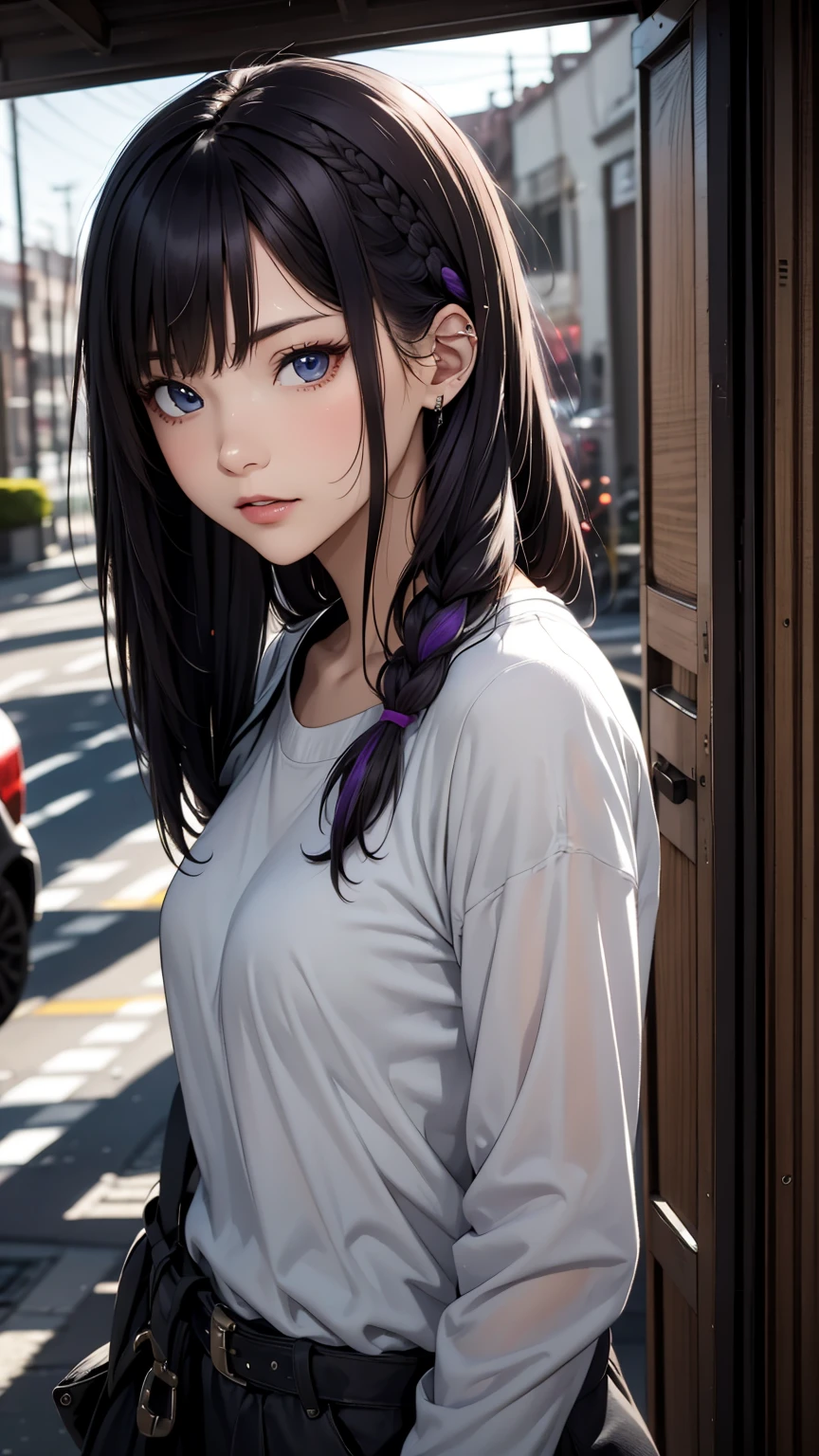 The Captive Female Assassin、Super detailed、Particles of light:0.5、prison、Attacked by a guard、Beautiful Blue Eyeouth half open、Natural Texture、Purple Hair、French Braid、Purple Hair、Mature slender beauty