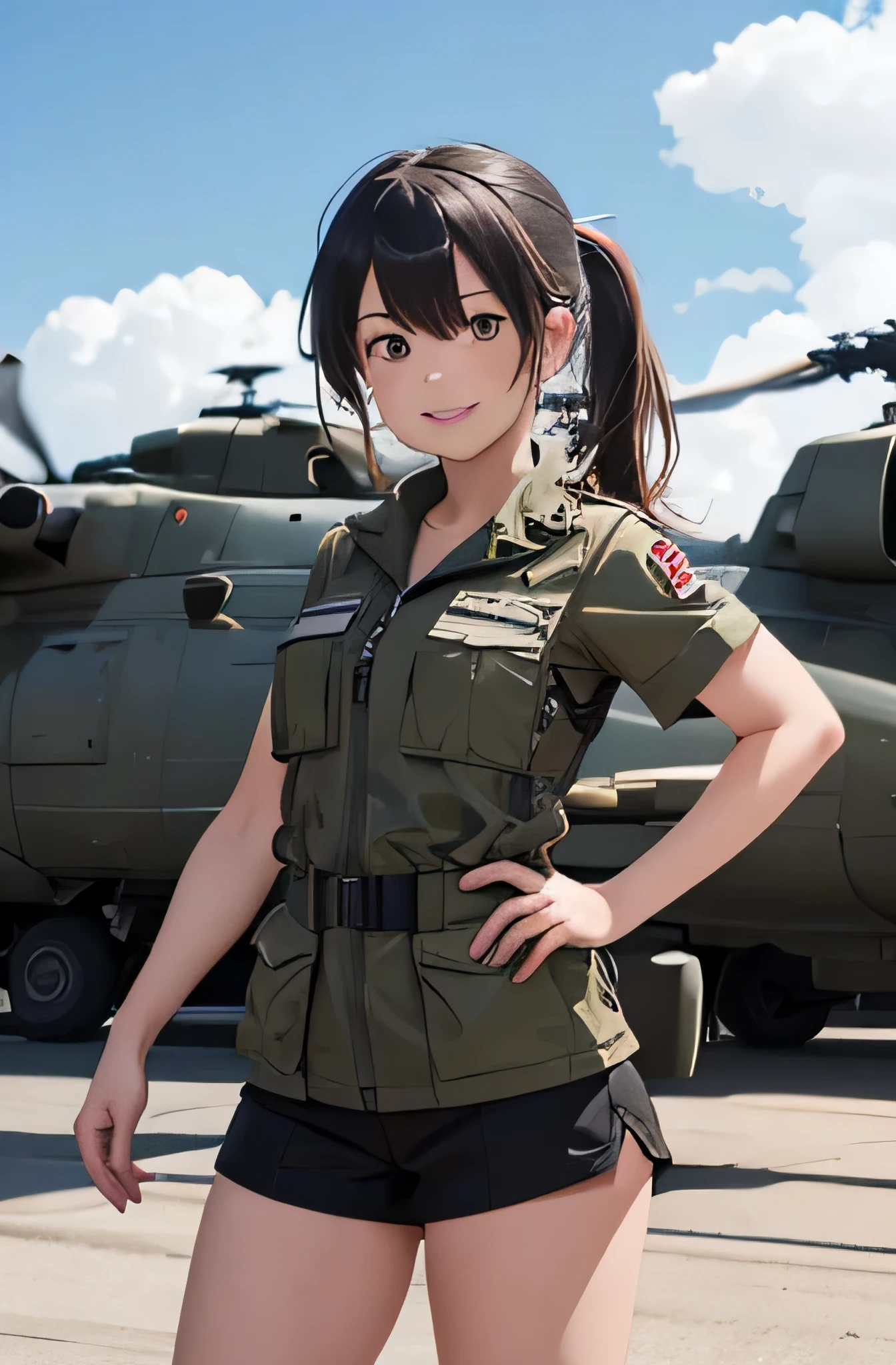 Girl in combat uniform,summer,Short sleeve,smile,Ride a combat helicopter,8K, Highest quality, masterpiece