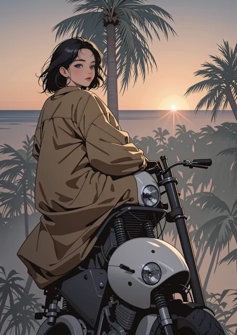 Retro Girl, Sunrise on the horizon、Sparkle of the Waves, motorcycle, Palm tree, 80&#39;s, City Pop、(Flat Color, flat texture, Li...