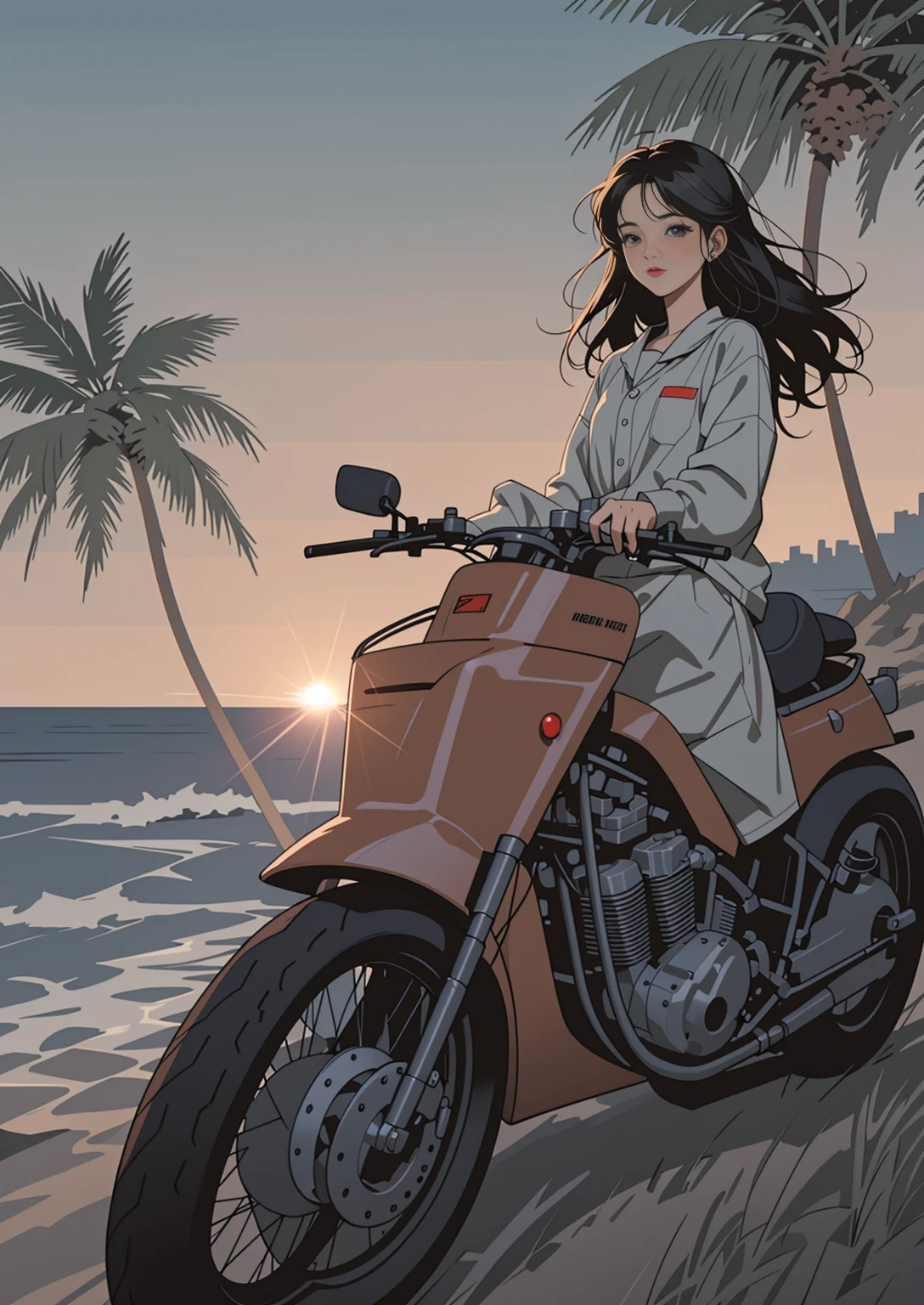 Retro Girl, Sunrise on the horizon、Sparkle of the Waves, motorcycle, Palm tree, 80&#39;s, City Pop、(Flat Color, flat texture, Line art:1.2), Graphical Design, (Dark ink, Ink Black), 