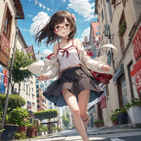 running around town、nfsw、innocent girl playing、glasses、summer wear、skirt fluttering in the wind、