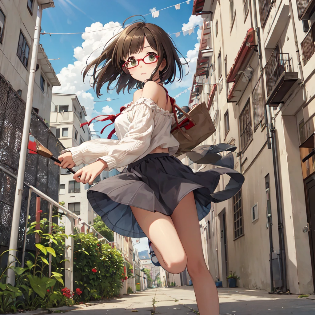 Running around town、NFSW、Innocent girl playing、Glasses、summer wear、Skirt fluttering in the wind、
