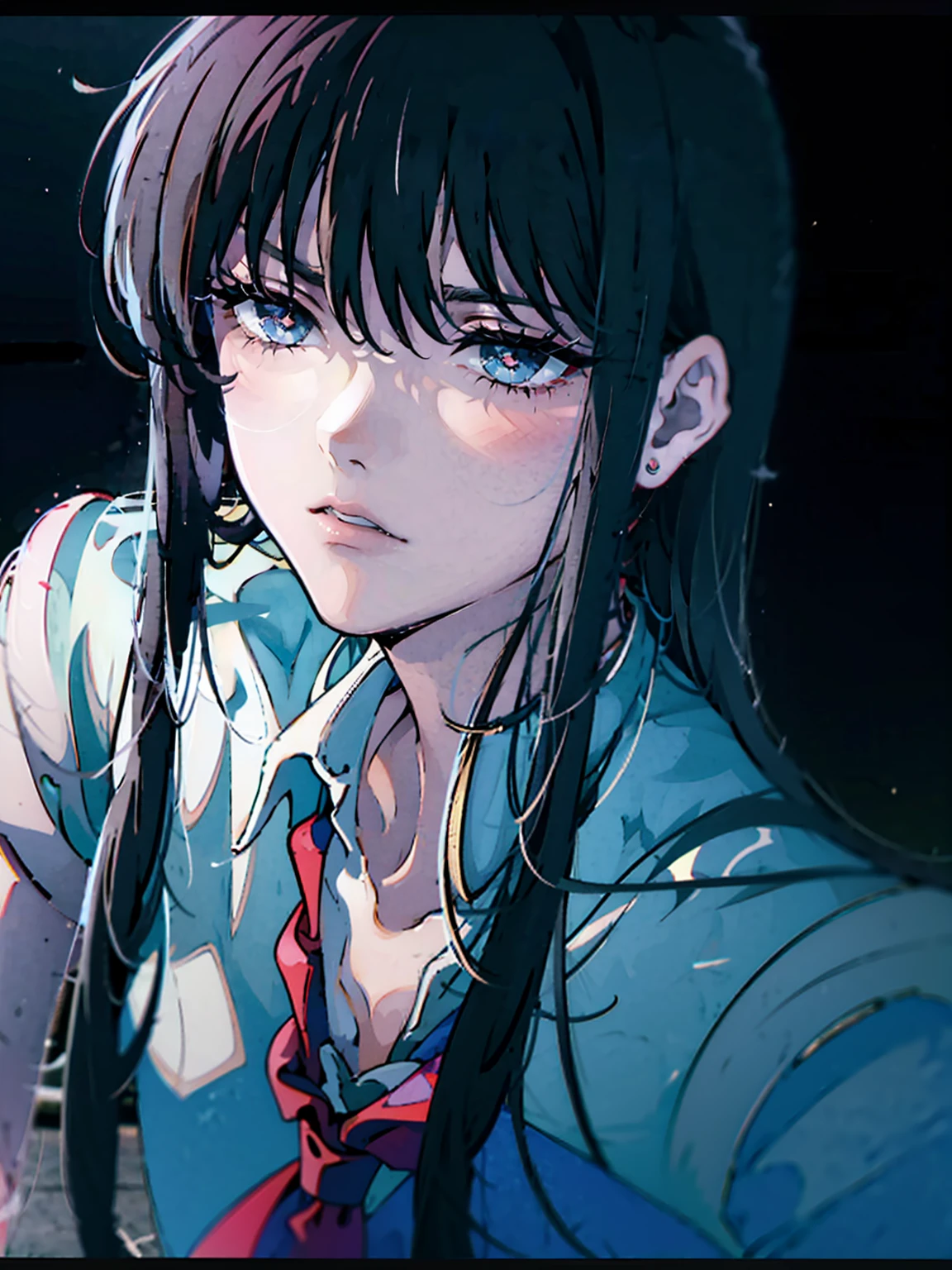 Sailor Mars、 dark, masterpiece, Highest quality, 8K、、 (Unhealthy face:1.9, Red collar, Dark Eyes:1.5, Dark circles under the eyes, Yandere:1.5, Unhappy face, Lifeless face), Long hair in the eyes, Long Bangs, Eyes through the bangs, Big eyes,　Turquoise Eyes, Bust Shot, Dark atmosphere
