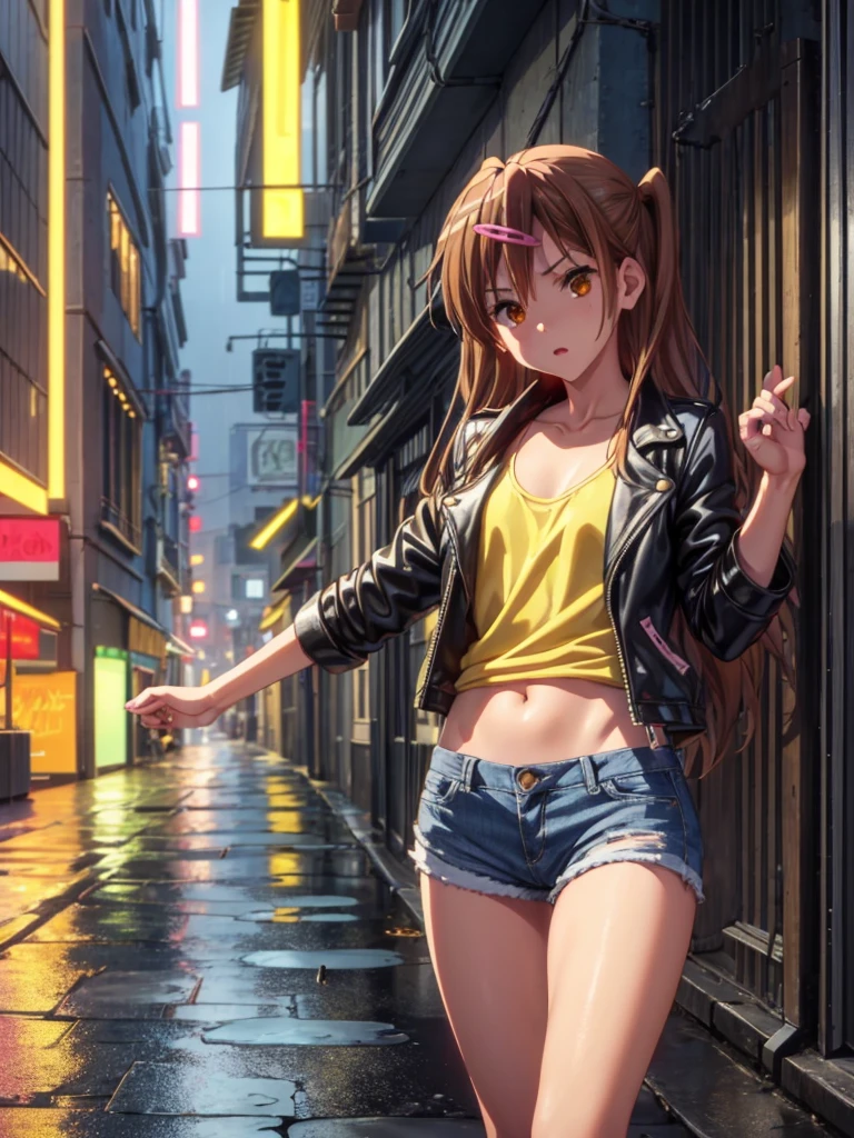 Girl, short jeans shorts, leather short jacket , You can see her breasts,  street background, openlegs, night, Narrow alley between houses, night, rain, Sneakers, Bare chest, small breast, slim body, You can see the thong, naked breast 