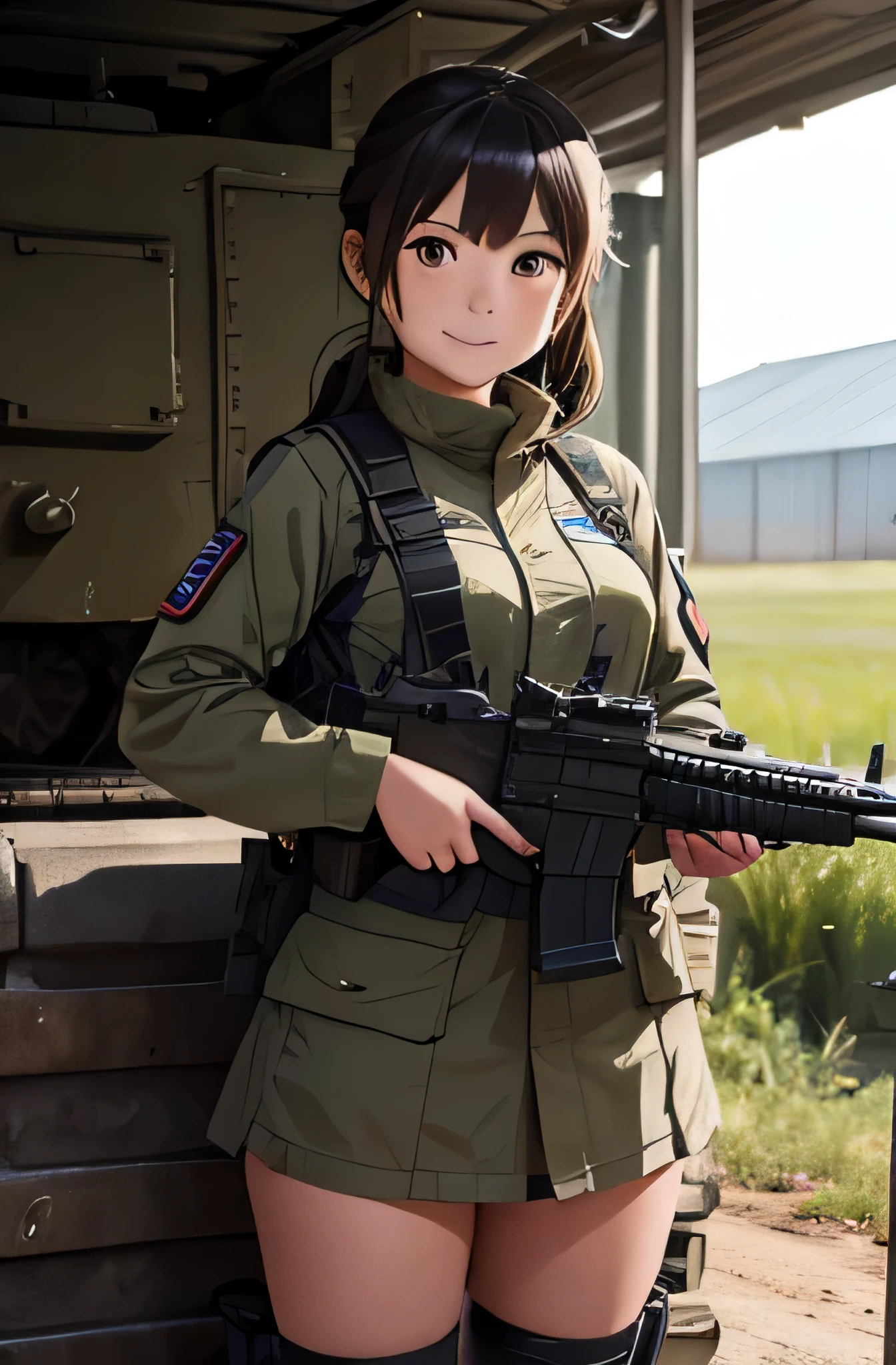 Girl in combat uniform,smile,In front of the tank,Ready your gun?,8K, Highest quality, masterpiece