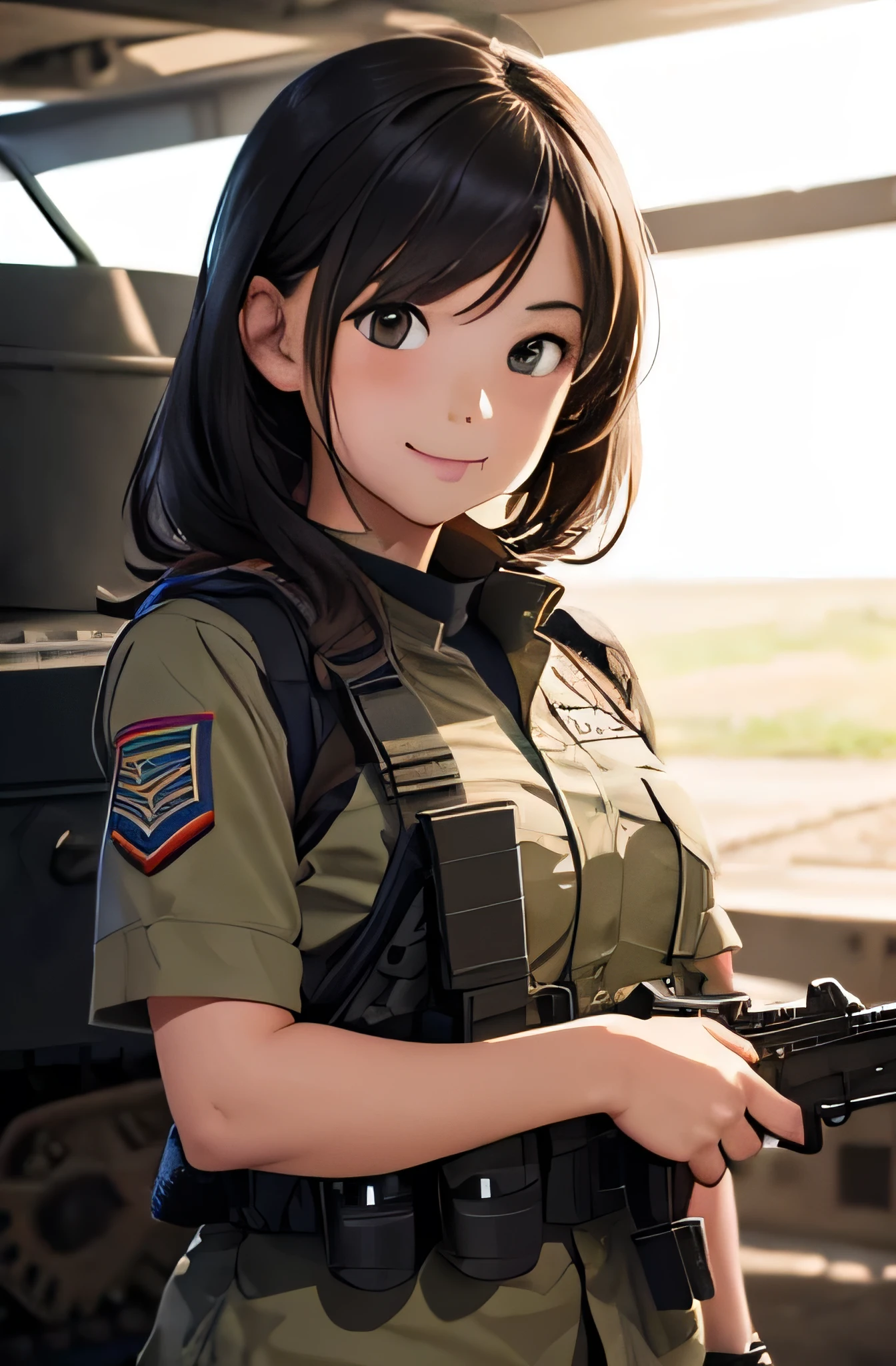 Girl in combat uniform,smile,In front of the tank,Ready your gun?,8K, Highest quality, masterpiece