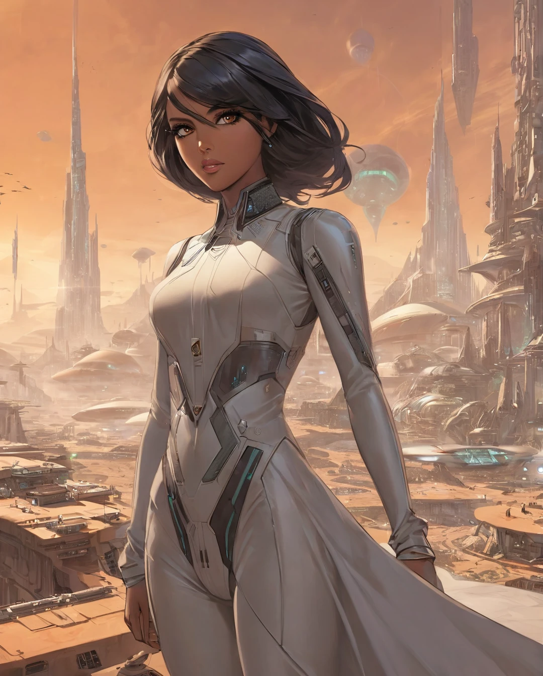 A gracefully dangerous Saudi Arabian woman, with light brown tan skin, brown eyes, and black hair, appears as an assassin and spy in a futuristic Alien planet city and landscape. The image depicts her in sleek, advanced attire that blends seamlessly with the alien surroundings. Every detail bursts with life amid the futuristic decay: her attire is a mix of high-tech and cultural elements, her eyes shine with cunning determination, and her movements exude deadly grace. The scene captures a perfect balance of elegance and danger, drawing viewers into a thrilling tale of intergalactic espionage.