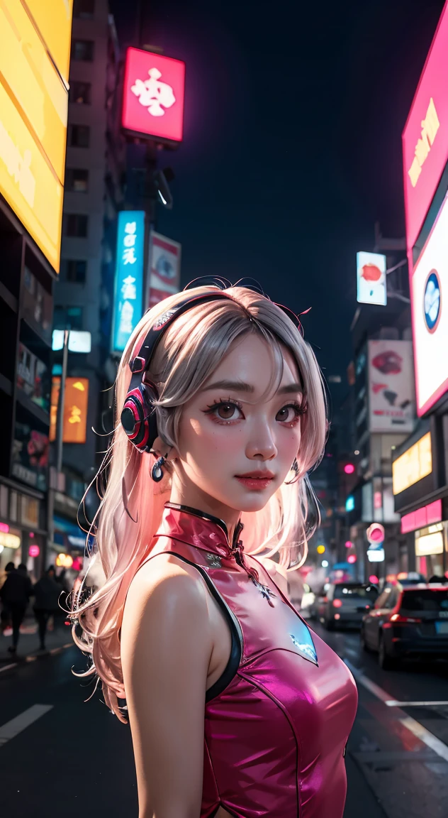 Singer, microphone in hand, cyberpunk microphone, singing, 1 girl, Chinese_clothes, liquid silver and pink, cyberhan, cheongsam, cyberpunk city, dynamic pose, glowing headphones, glowing hair accessories, long hair, glowing earrings, glowing necklace, cyberpunk, high-tech city, full of mechanical and futuristic elements, futuristic, technology, glowing neon, pink, pink light, transparent tulle, transparent streamers, laser, digital background urban sky, big moon, with vehicles, best quality, masterpiece, 8K, character edge light, super high detail, high quality, the most beautiful woman in human beings, micro smile, face left and right symmetry, ear antenna, beautiful pupil light effect, visual data