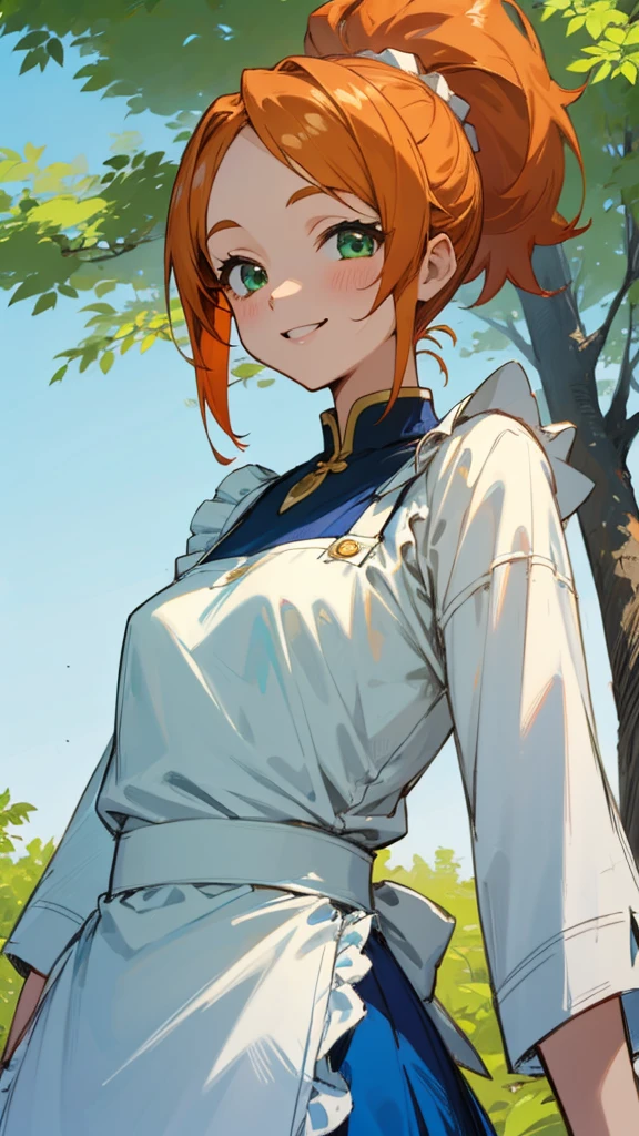 1 Girl、anime painting、Small breasts、White blouse、Blue Skirt、Apron appearance、Orange Hair、ponytail、Beautiful green eyes、smile、joy、Upper body close-up、Early summer roadside trees background、Sharp contours