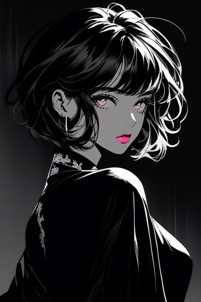 (best quality, sketch:1.2),realistic,illustrator,anime,1 girl, detailed lips, black dress,custom, (background dark monochrome),neon hair,textured cropping, masterpiece, style retro classic, noir dark, art, sketch book, (bob hair black:1.75 neon:1.32), bad women , dark monochrome background, dark fantasy, pensil manga art style 