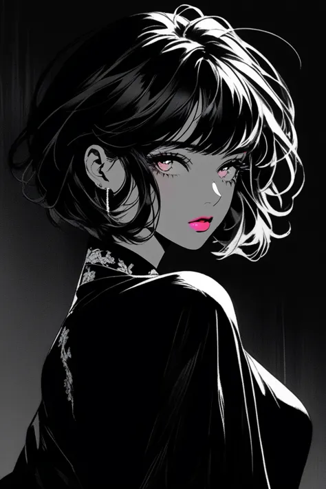 (best quality, sketch:1.2),realistic,illustrator,anime,1 girl, detailed lips, black dress,custom, (background dark monochrome),n...