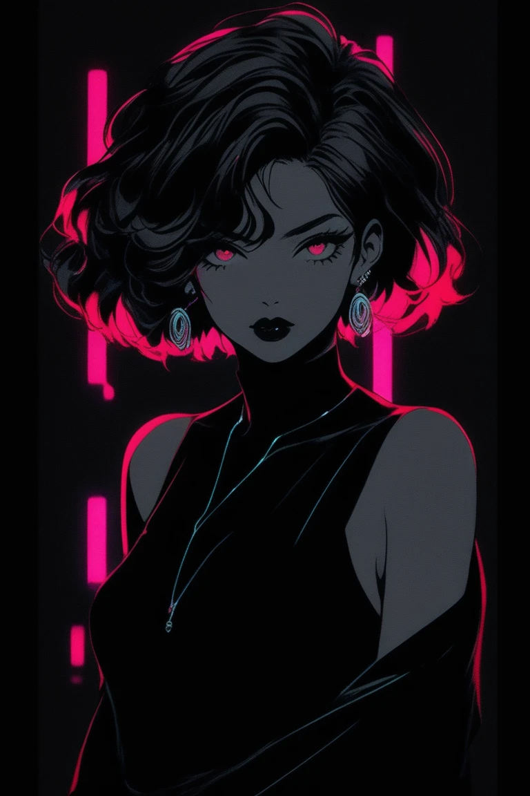 (best quality, sketch:1.2),realistic,illustrator,anime,1 girl, detailed lips, black dress,custom, (background dark monochrome),neon hair,textured cropping, masterpiece, style retro classic, noir dark, art, sketch book, (bob hair black:1.75 neon:1.32), bad women , dark monochrome background, dark fantasy, pensil manga art style 