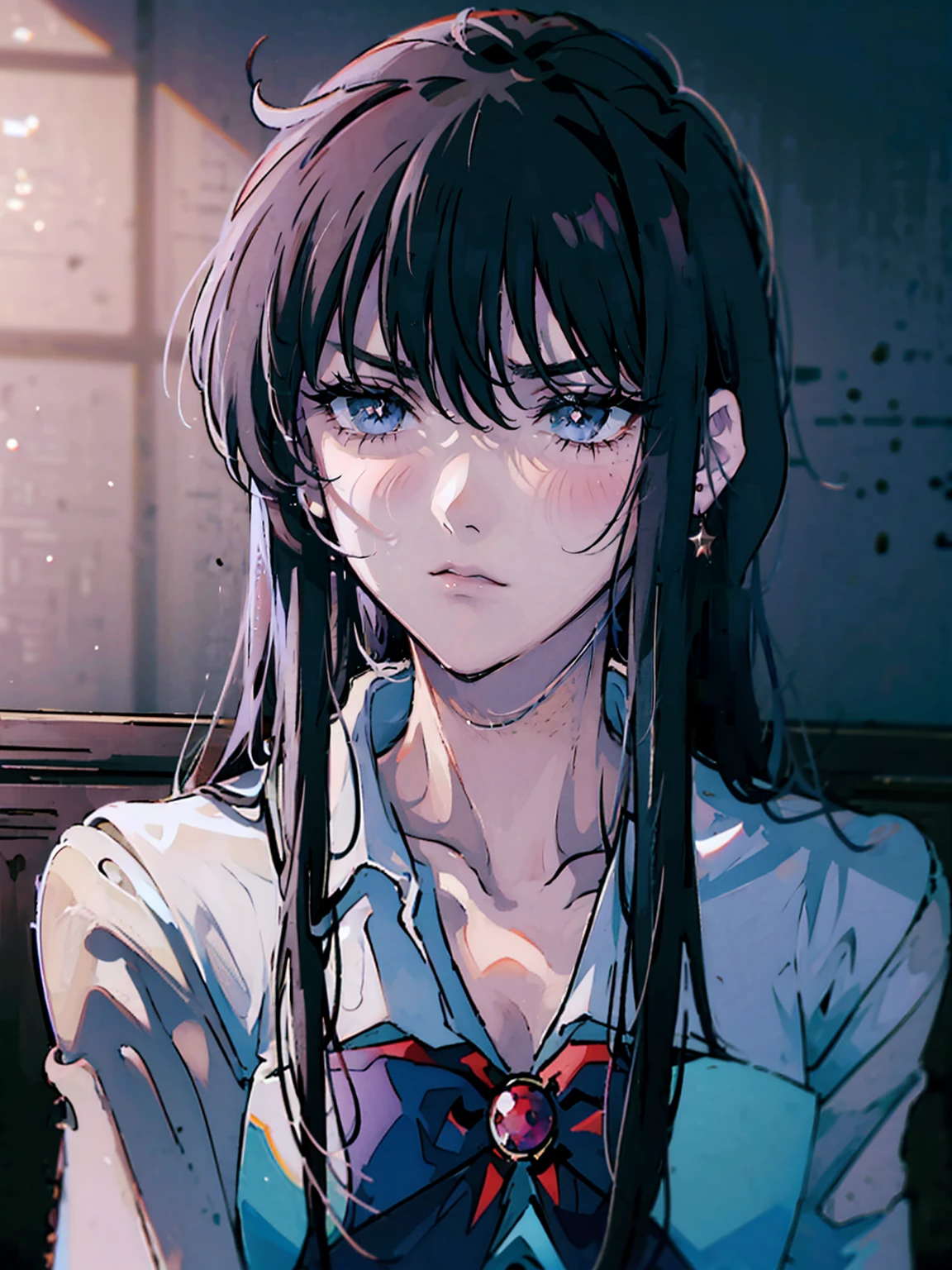 Sailor Mars、 dark, masterpiece, Highest quality, 8K、、 (Unhealthy face:1.9, Red collar, Dark Eyes:1.5, Dark circles under the eyes, Yandere:1.5, Unhappy face, Lifeless face), Long hair in the eyes, Long Bangs, Eyes through the bangs, Big eyes,　Turquoise Eyes, Bust Shot, Dark atmosphere
