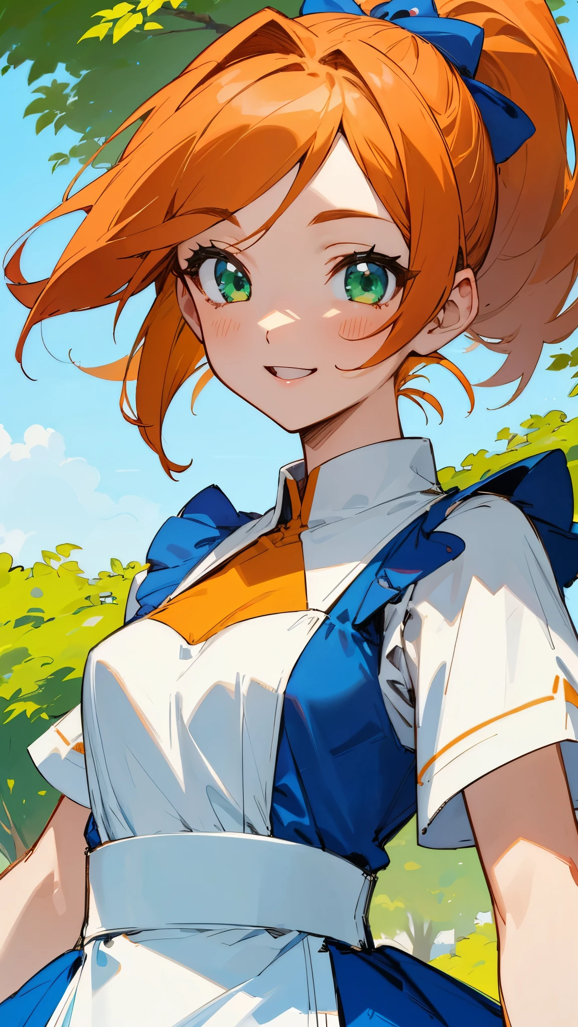 1 Girl、anime painting、Small breasts、White blouse、Blue Skirt、Apron appearance、Orange Hair、ponytail、Beautiful green eyes、smile、joy、Upper body close-up、Early summer roadside trees background、Sharp contours