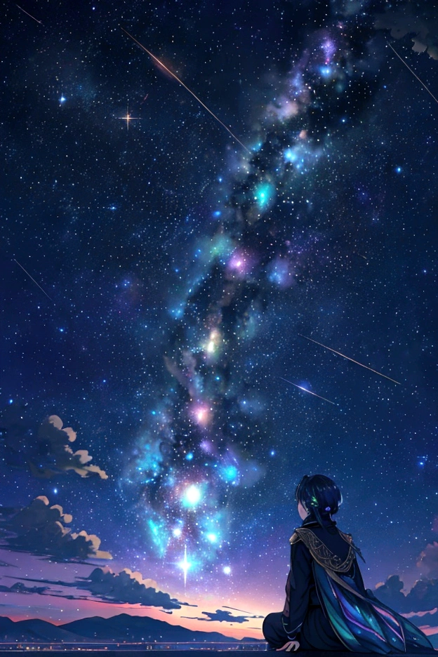 iridescent幻想的なNight Sky、constellation, iridescentconstellation、iridescent空包み込まれそうな瞬間，Astronomical observation、Planetarium、Meteors、colorful，Beautiful constellation、Three-dimensional，wonderful view，Night Sky，An atmosphere full of dreams and hope，masterpiece．16K, Ultra-high resolution, to be born,wonderful ,future、iridescent、The world 30 years from now。