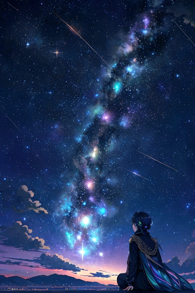 彩虹色的幻想的な夜空、星座, 彩虹色的星座、彩虹色的空包み込まれそうな瞬間，天文观测、天文馆、流星、丰富多彩的，美しい星座、三维，精彩的景色，夜空，充满梦想和希望的氛围，杰作．16千, 超高分辨率, 出生,精彩的 ,未来、彩虹色的、30年后的世界。