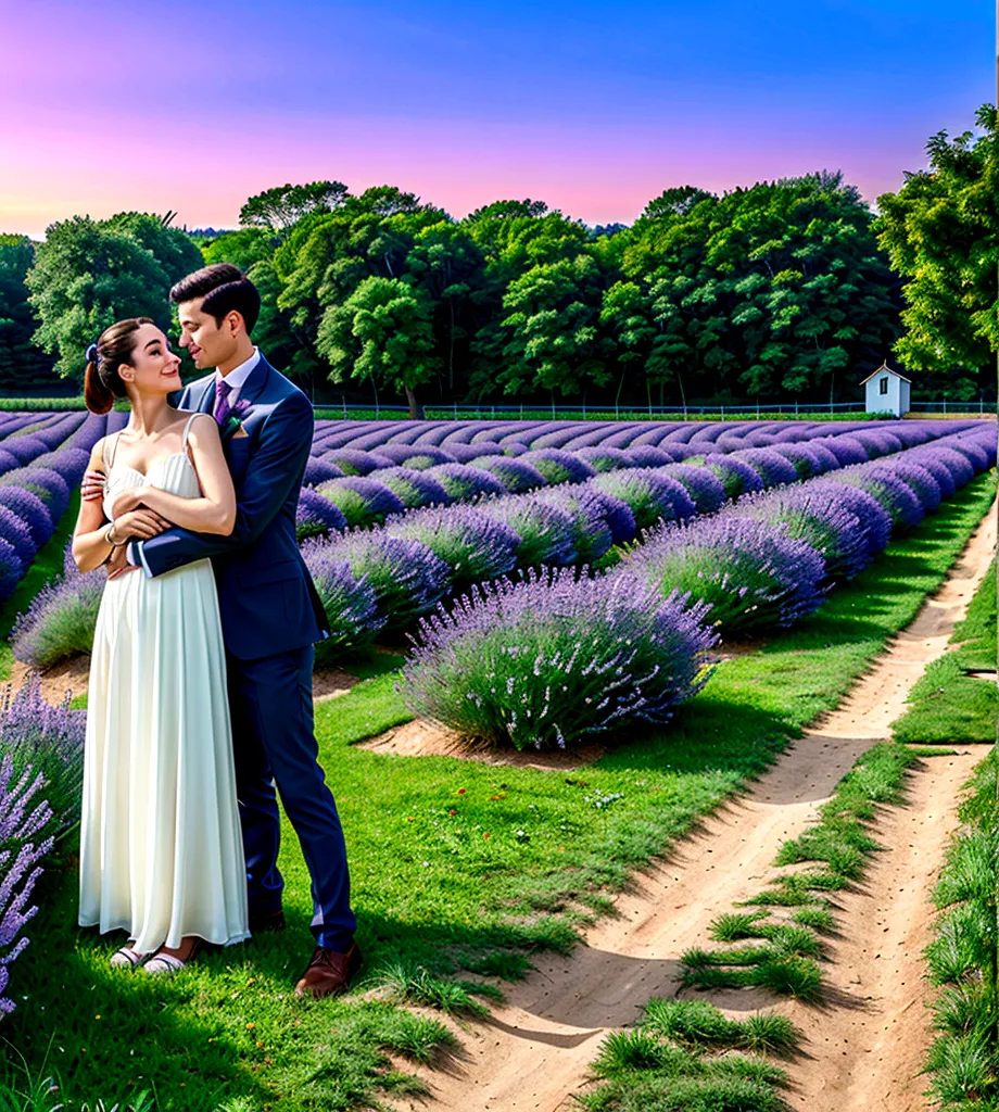 You can see a girl and a boy、We are standing in a lavender field on a small hill., Boy groping girl&#39;s breasts。Light is visib...