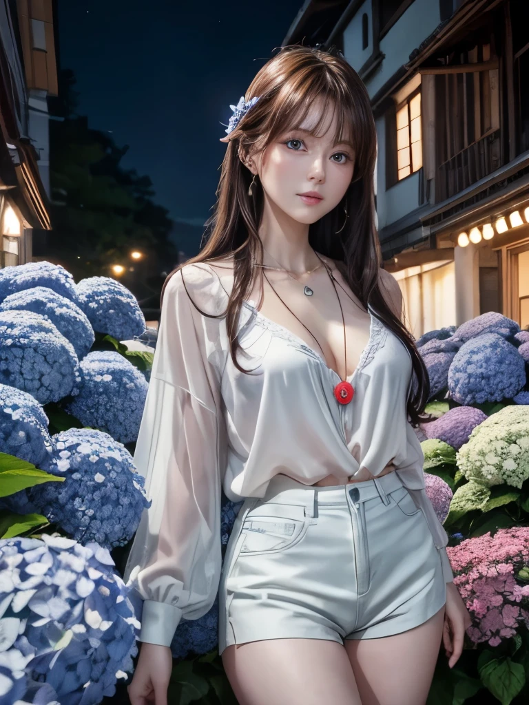 8k Raw Photo:1.5, June scenery, masterpiece, Ultra high definition, Beautiful woman, Long Hair, Brown Hair, Medium chest, Ultra-high resolution, blue eyes, White blouse, hot pants, Neon Red Heart Necklace, View your viewers, night, Colorful hydrangea flowers bloom, 