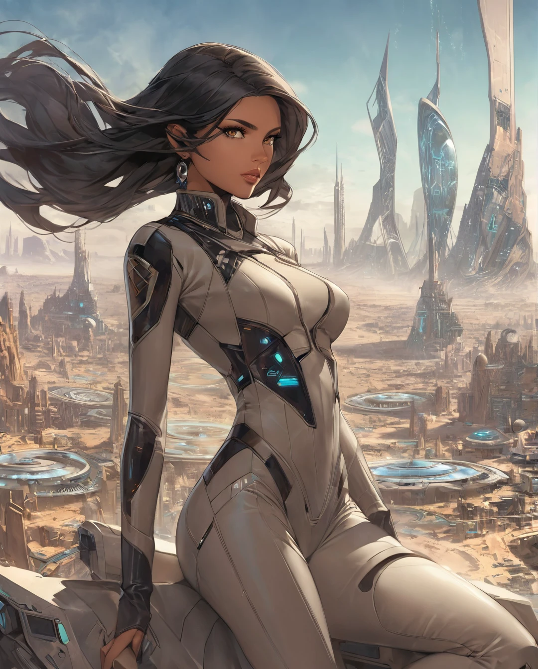 A gracefully dangerous Saudi Arabian woman, with light brown tan skin, brown eyes, and black hair, appears as an assassin and spy in a futuristic Alien planet city and landscape. The image depicts her in sleek, advanced attire that blends seamlessly with the alien surroundings. Every detail bursts with life amid the futuristic decay: her attire is a mix of high-tech and cultural elements, her eyes shine with cunning determination, and her movements exude deadly grace. The scene captures a perfect balance of elegance and danger, drawing viewers into a thrilling tale of intergalactic espionage.