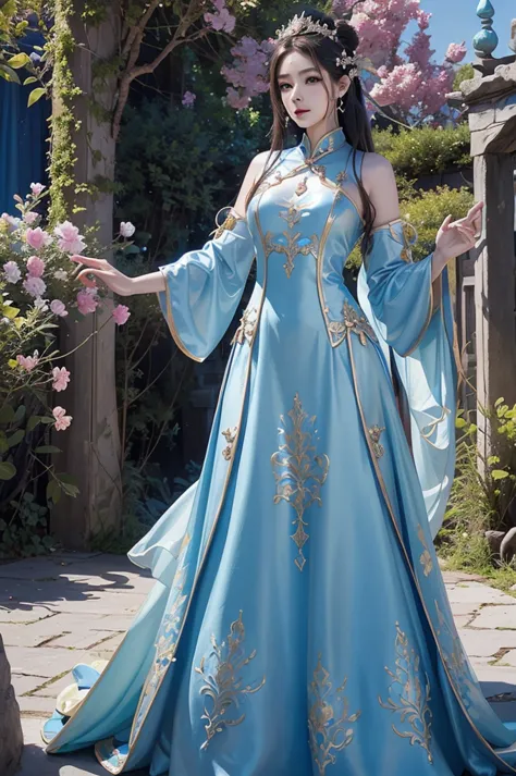 painting of a woman in a blue dress standing in a garden, fantasy art style, ethereal fantasy, a beautiful fantasy empress, beau...