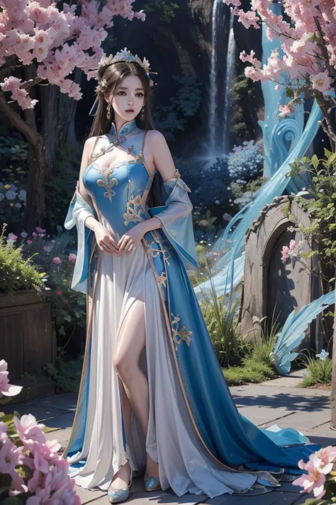 painting of a woman in a blue dress standing in a garden, fantasy art style, ethereal fantasy, a beautiful fantasy empress, beau...