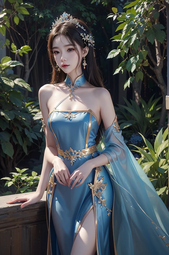 painting of a woman in a blue dress standing in a garden, a fine art painting by Chen Lin, trending on cg society, fantasy art, fantasy art style, ethereal fantasy, a beautiful fantasy empress, beautiful fantasy art, ((a beautiful fantasy empress)), fantasy beautiful, beautiful fantasy maiden, ethereal beauty, palace ， a girl in hanfu, vibrant fantasy style