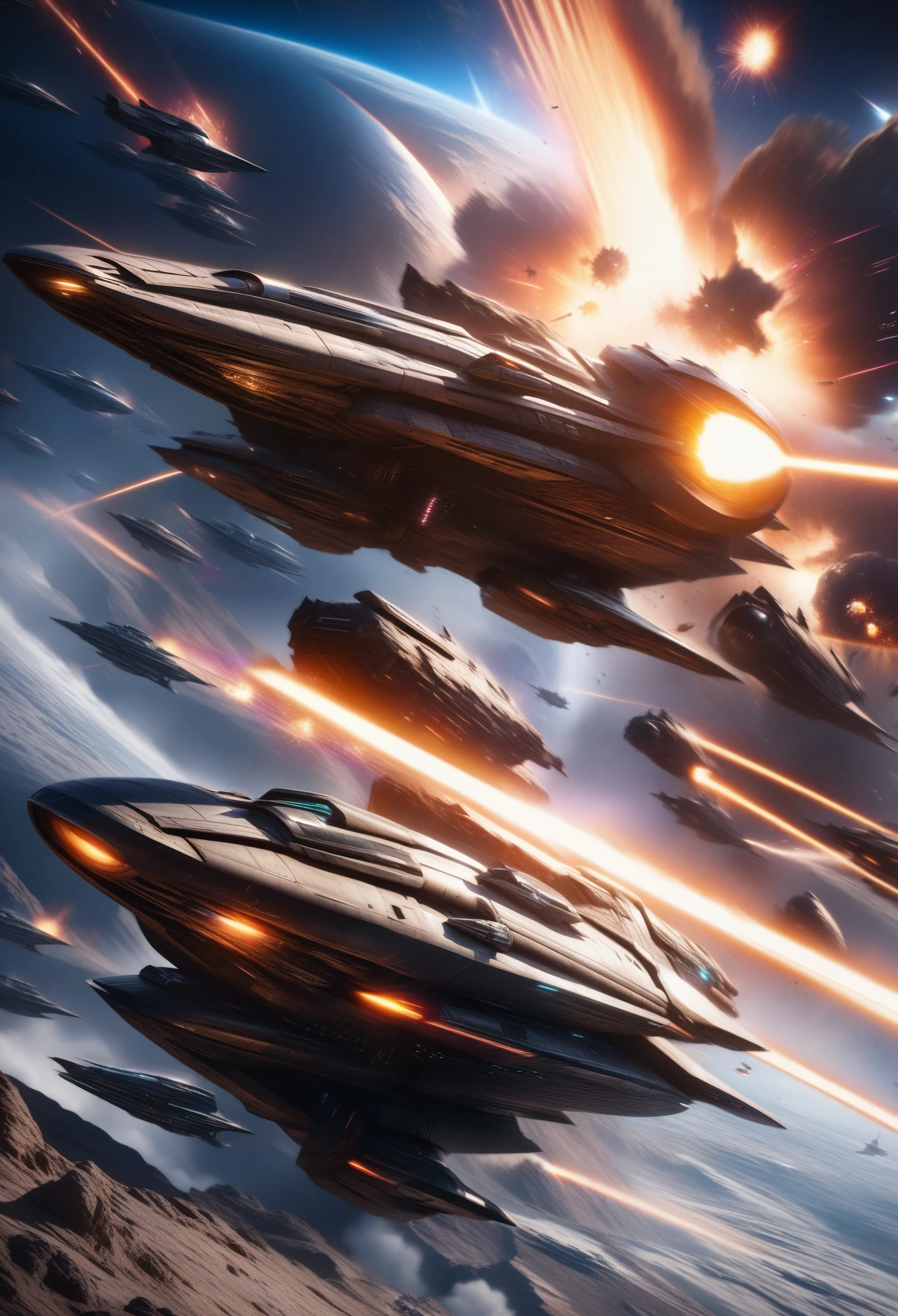 realistic detailed space war scene, futuristic sci-fi spaceship battle, massive intergalactic conflict, photorealistic cinematic lighting, epic dramatic composition, stunning visual effects, advanced technology, intense action, glowing engines, laser beams, explosions, detailed starry nebula background, intricate mechanical designs, skilled pilots, sense of scale and grandeur, (best quality,4k,8k,highres,masterpiece:1.2),ultra-detailed,(realistic,photorealistic,photo-realistic:1.37)