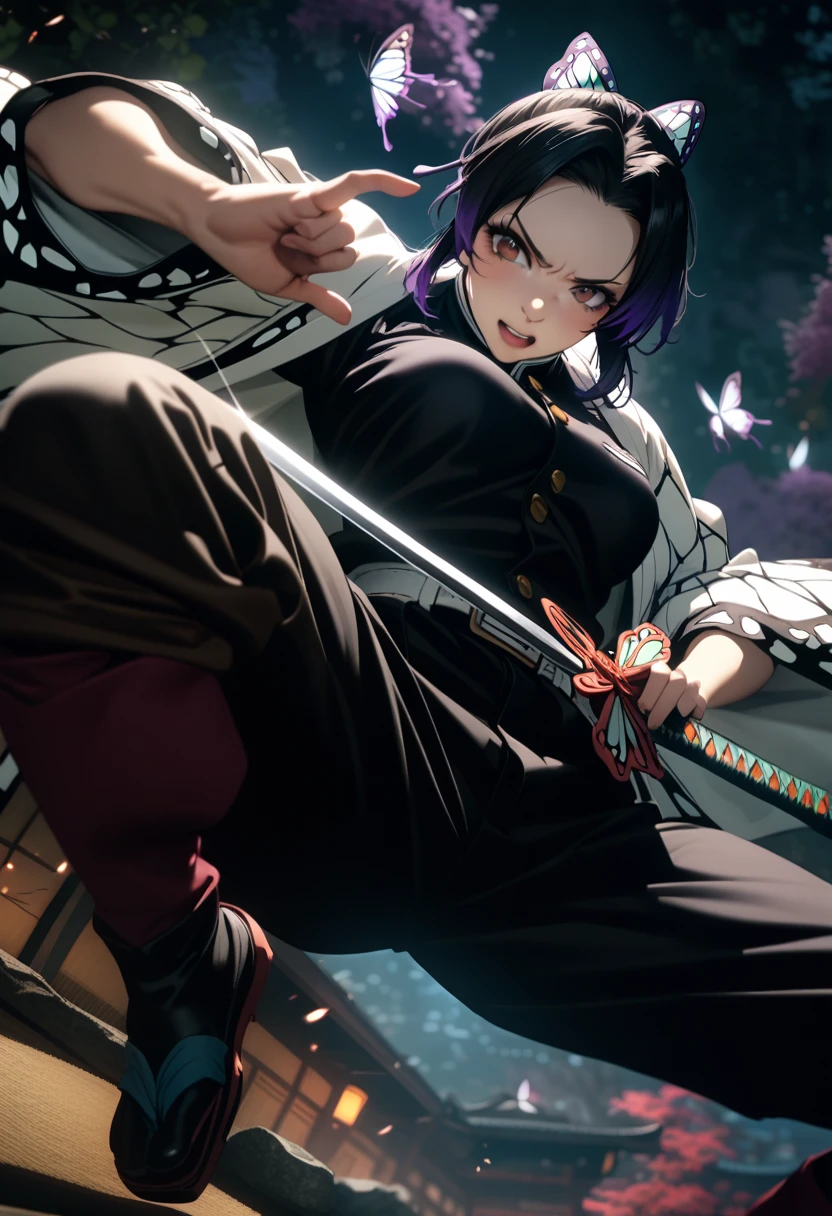 k0ch0ush1n0bu, shinobu kochou, animal print, black hair, butterfly, butterfly hair ornament, butterfly print, forehead, gradient hair, hair ornament, haori, multicolored hair, parted bangs, purple hair, short hair, two-tone hair,belt, black pants, butterfly print, coat, demon slayer uniform, haori, japanese clothes, pants, uniform,,1  japanese muscular girl,perfect hands, perfect finger,perfect anatomy, masterpiece, best quality,realistic, hyperrealistic, 16k hdr,medium breasts,outdoor,night,japanese old garden,(angry:0.8),red blush,dynamic pose,dynamic angle,(jump,in the air:1.2),(from below,spread legs:1.2),(holding japanese sword,butterfly shaped sword guard:1.2) 