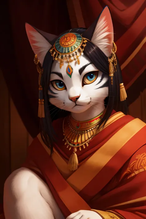 A black anthropomorphic cat with a full face sits quietly, donning a traditional Indian headdress adorned with vibrant feathers....