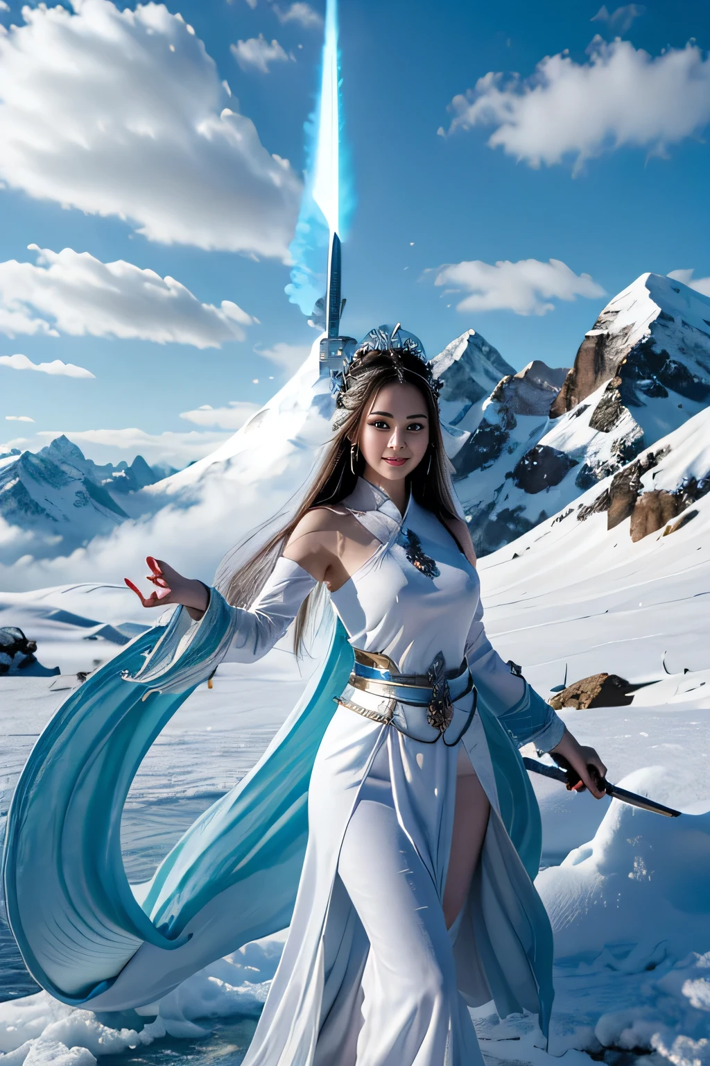 雪山劍畫法, 古風女子冰冰燄之劍, 手持藍色火焰燃燒的劍, 白衣舞劍雪中長髮飄逸, 手持銀色長劍的美女, 配戴翡翠首飾, 她的臉上洋溢著自信的笑容, 她像仙女一樣懸浮在雲端, 她的身後是層巒疊嶂  