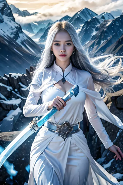 Drawing the sword of the snow mountain, the sword with the cold ice flame of the ancient style woman, holding the blue flame bur...
