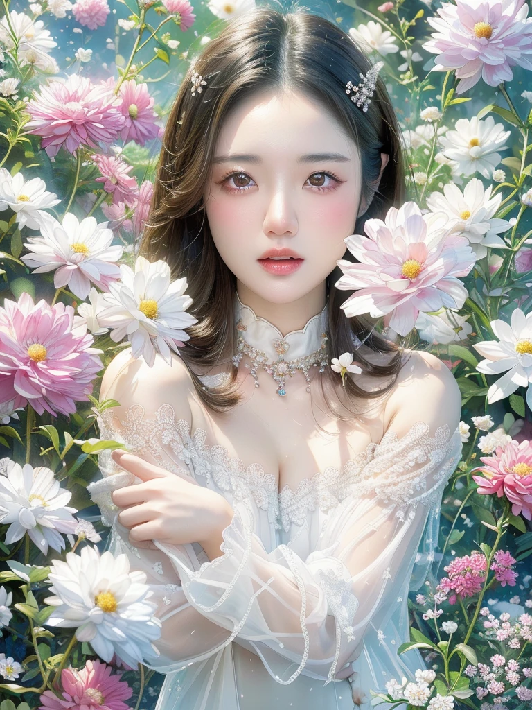 Realistic photos (one cute korean actress) Straight long hair, light makeup, (((Transparent white skin 1.5)))Medium chest,, close, Canon EOS 8K high resolution captures facial features clearly, Sharp details, Realistically、Wearing white cloth 1.5、Off the shoulder、See-through、Surrounded by countless flowers、Fairy、Angel、