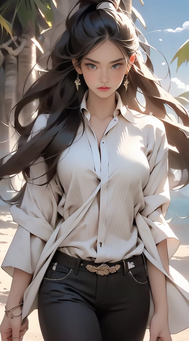 ((Highest quality, 8K, masterpiece :1.3)), ((masterpiece, Highest quality, High resolution, Super detailed),(beautifully、Aesthetically beautiful:1.2), 1 female, Adult, Perfect body, Wavy black hair, Green Eyes, Tie your hair back、She has a beautiful ponytail, Detailed eyes and face, Oversized long shirt, Swimwear, Tight clothing , bikini, Golden Hour, Beach, Ocean, sand, Palm tree, 