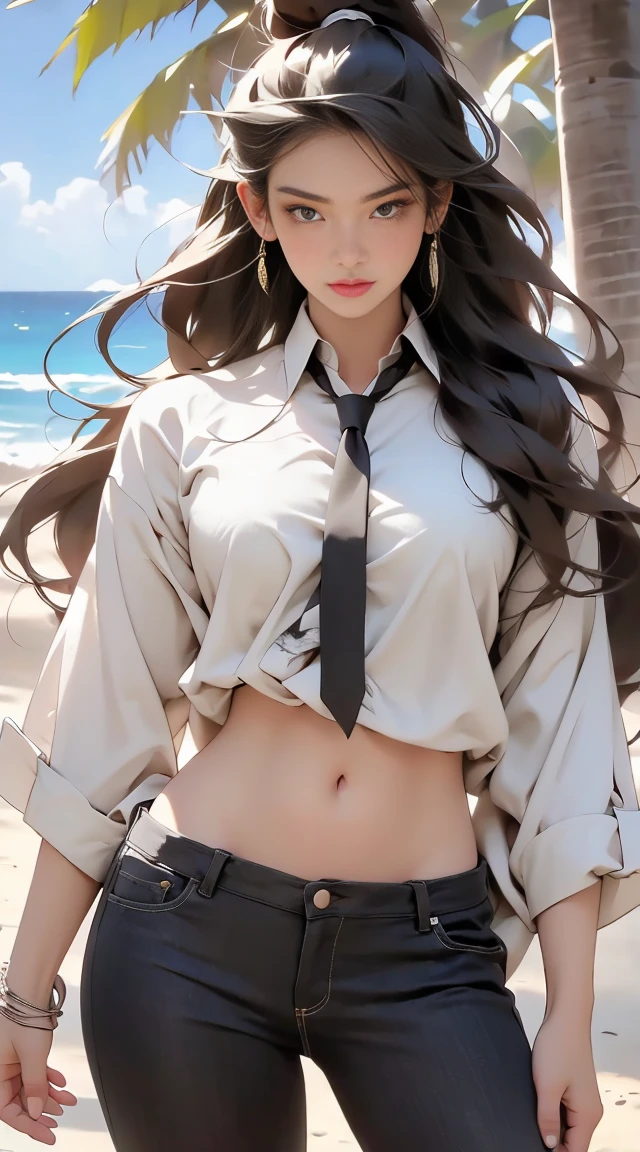 ((Highest quality, 8K, masterpiece :1.3)), ((masterpiece, Highest quality, High resolution, Super detailed),(beautifully、Aesthetically beautiful:1.2), 1 female, Adult, Perfect body, Wavy black hair, Green Eyes, Tie your hair back、She has a beautiful ponytail, Detailed eyes and face, Oversized long shirt, Swimwear, Tight clothing ,bikini, Golden Hour, Beach, Ocean, sand, Palm tree, whole body 