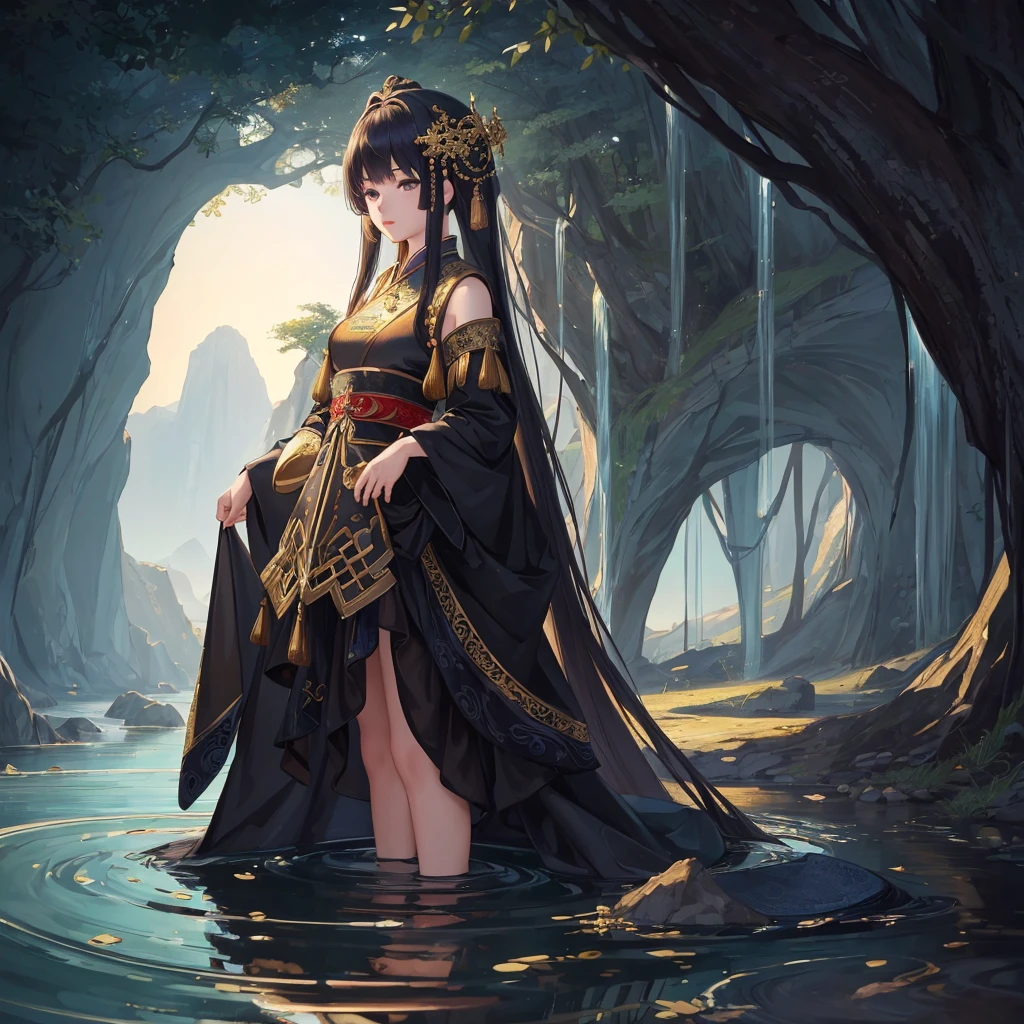 ((masterpiece)), ((best quality)), 8K, High Detail, Very detailed, Intricate details, illustration, fantasy, Surrealism, ((1 girl:1.2)), Solitary, Describe the Chinese-style river girl,  river&#39;Girl costumes, (The imperial gift paper on the head), Wearing traditional clothes, (Night settings:1.2), (Ancient village ruins:1.1), (Weird atmosphere), Miss Jiang&#39;s posture, (Ancient charm:0.8), Detailed depiction of the river girl in the river pose, (Moonlit Night), (Mysterious mist), (Traditional charm), (Exquisite eyes:1.1), (Black Hair), (Pale skin), (Red lips), Balanced composition, lights under moonlight, Visual effects with weird details, maxon Cinema 4D,,