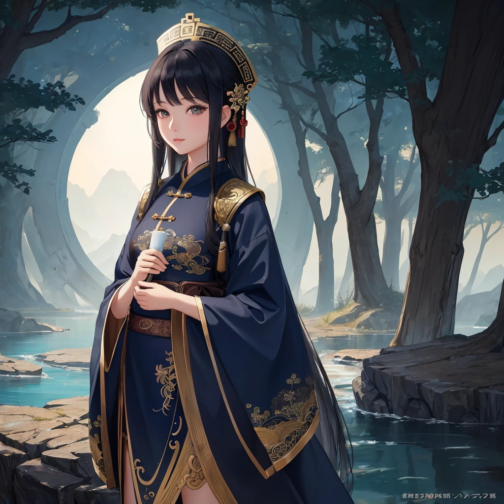 ((masterpiece)), ((best quality)), 8K, High Detail, Very detailed, Intricate details, illustration, fantasy, Surrealism, ((1 girl:1.2)), Solitary, Describe the Chinese-style river girl,  river&#39;Girl costumes, (The imperial gift paper on the head), Wearing traditional clothes, (Night settings:1.2), (Ancient village ruins:1.1), (Weird atmosphere), Miss Jiang&#39;s posture, (Ancient charm:0.8), Detailed depiction of the river girl in the river pose, (Moonlit Night), (Mysterious mist), (Traditional charm), (Exquisite eyes:1.1), (Black Hair), (Pale skin), (Red lips), Balanced composition, lights under moonlight, Visual effects with weird details, maxon Cinema 4D,,