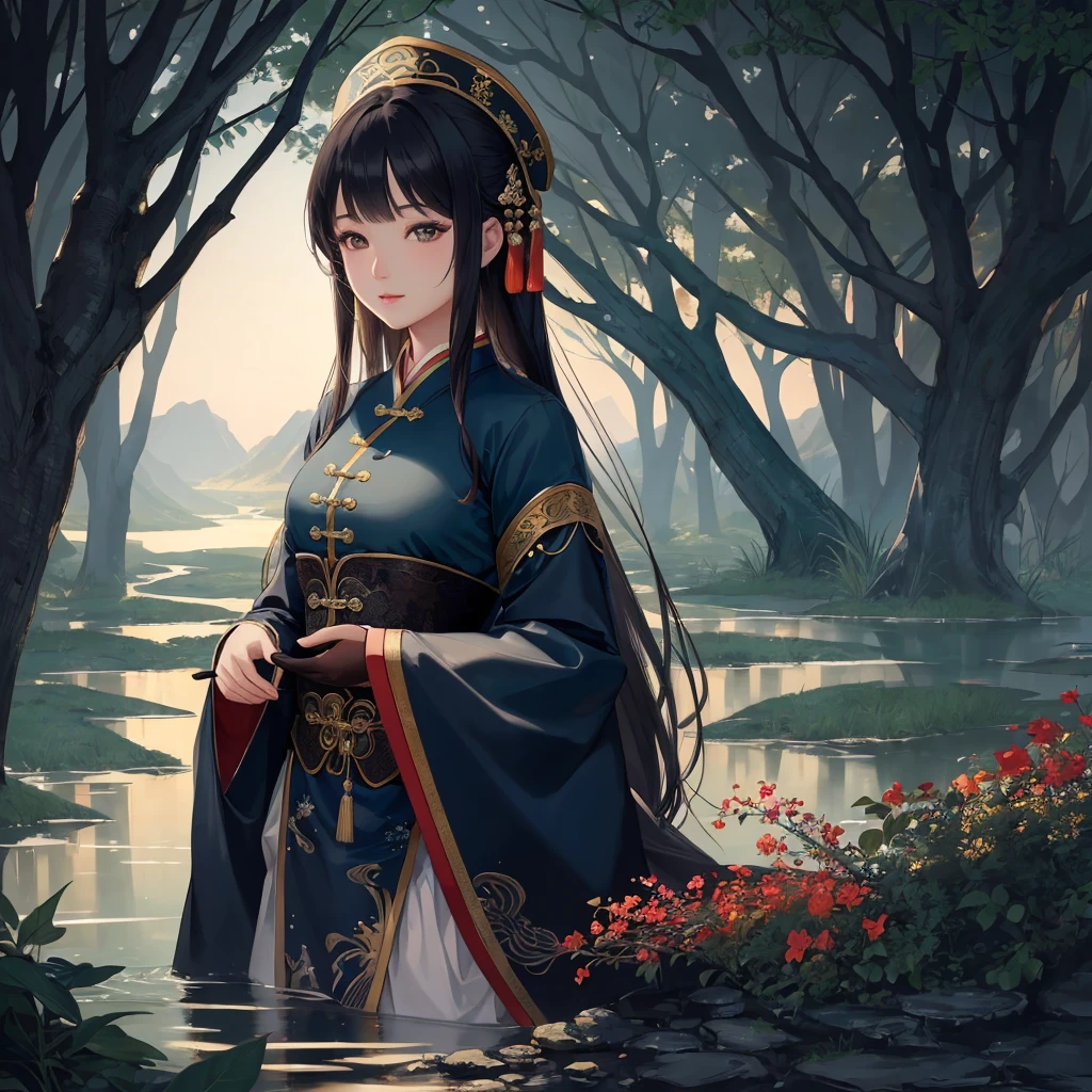 ((masterpiece)), ((best quality)), 8K, High Detail, Very detailed, Intricate details, illustration, fantasy, Surrealism, ((1 girl:1.2)), Solitary, Describe the Chinese-style river girl,  river&#39;Girl costumes, (The imperial gift paper on the head), Wearing traditional clothes, (Night settings:1.2), (Ancient village ruins:1.1), (Weird atmosphere), Miss Jiang&#39;s posture, (Ancient charm:0.8), Detailed depiction of the river girl in the river pose, (Moonlit Night), (Mysterious mist), (Traditional charm), (Exquisite eyes:1.1), (Black Hair), (Pale skin), (Red lips), Balanced composition, lights under moonlight, Visual effects with weird details, maxon Cinema 4D,,