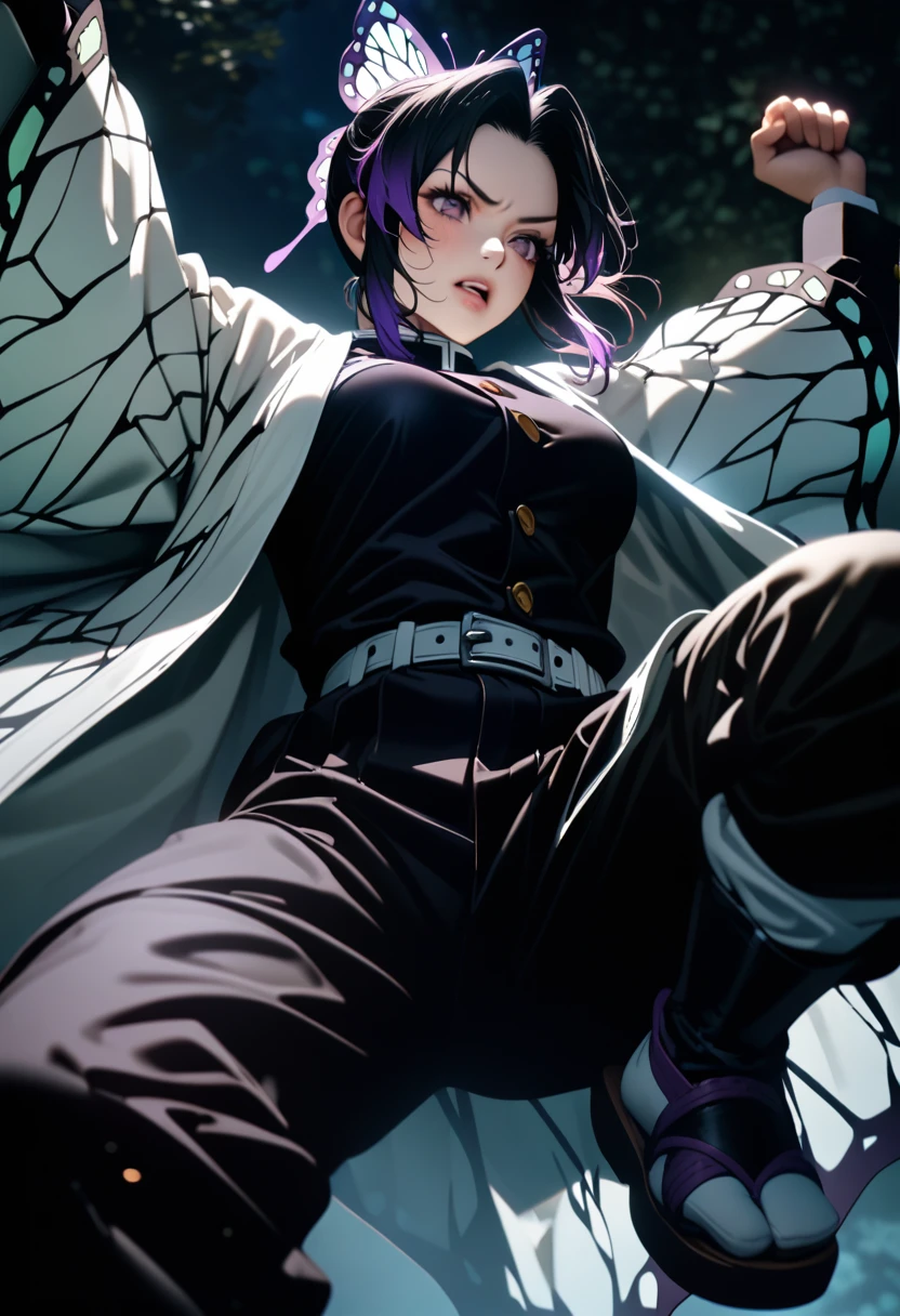 k0ch0ush1n0bu, shinobu kochou, animal print, black hair, butterfly, butterfly hair ornament, butterfly print, forehead, gradient hair, hair ornament, haori, multicolored hair, parted bangs, purple hair, short hair, two-tone hair,belt, black pants, butterfly print, coat, demon slayer uniform, haori, japanese clothes, pants, uniform,,1  japanese muscular girl,perfect hands,perfect anatomy, masterpiece, best quality,realistic, hyperrealistic, 16k hdr,medium breasts,outdoor,night,japanese old garden,(angry:0.8),red blush,dynamic pose,dynamic angle,(jump,in the air:1.2),(from below,spread legs:1.2),(holding japanese sword,butterfly shaped sword guard:1.2) 