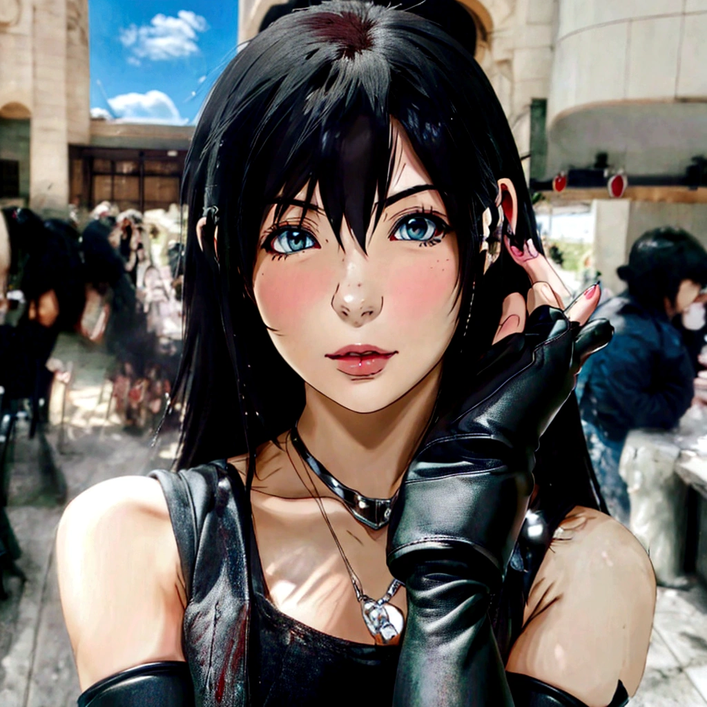 There is a woman wearing a black top and gloves., Anime Girls Cosplay, Tifa lockheart, Tifa, Tifa lockhart, Anime Girls in real life, anime Cosplay, seductive Tifa lockhart portrait, glamorous Tifa lockheart, portrait of Tifa lockhart, Tifa lockhart portrait, attractive Anime Girls, Perfect android girl, Cosplayer, Cosplay, Anime Girls