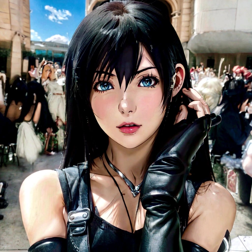 There is a woman wearing a black top and gloves., Anime Girls Cosplay, Tifa lockheart, Tifa, Tifa lockhart, Anime Girls in real life, anime Cosplay, seductive Tifa lockhart portrait, glamorous Tifa lockheart, portrait of Tifa lockhart, Tifa lockhart portrait, attractive Anime Girls, Perfect android girl, Cosplayer, Cosplay, Anime Girls