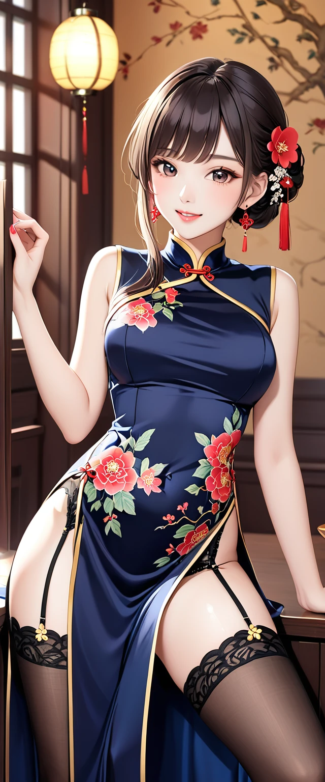 high resolution, Adult women , Good lighting, contemptible, , (no nudity), (((cheongsam))), (()), ((())), (Garter belt), Abdomen only, (),  ,  Cute face, I&#39;I很尴尬，Blushed, humiliation, ((Look back)), ((transparent))()(T-back)(Existing in large quantities on the body,)